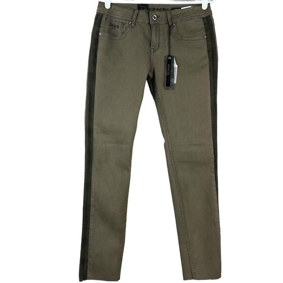 GRACE in LA Women's Jeans Size 29 Skinny Stripe Side Stretch Raw Hem Olive Green - Picture 1 of 13